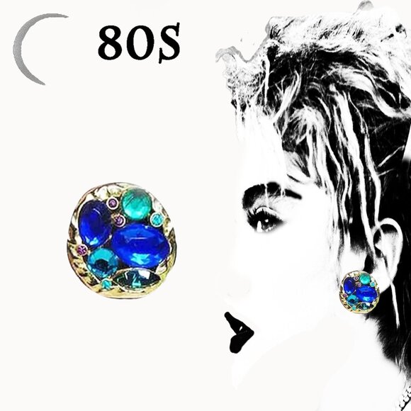 80s Vintage Big Clip Earrings Blue & Green Rhinestone Clipons - Nostalgiacore - Picture 1 of 14